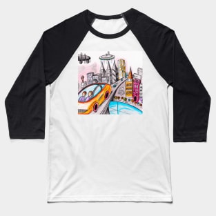 Futuristic City Pencil Drawing Baseball T-Shirt